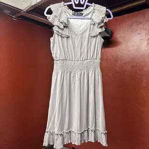 Forla Paris Beige Ruffle Midi Dress Cottagecore Boho ruffle sleeve size small